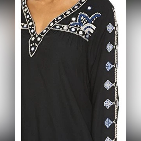 Navy embroidered boho top w/sequins Vneck long button slee - Picture 3 of 11